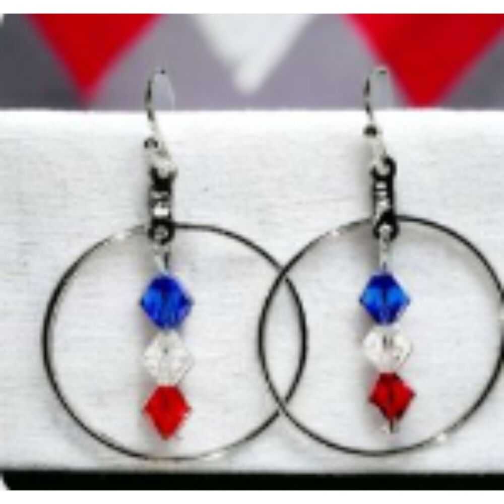 4th of July Silver Hoop w/Crystals Dangle 1.5" Long Handmade Earrings Women Kid